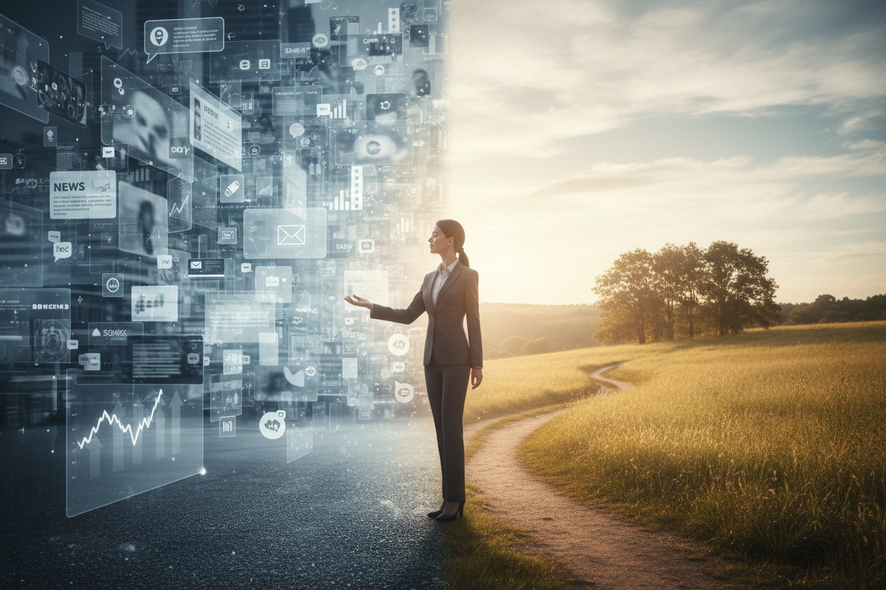 A businesswoman stands at a transition point where a city filled with digital data interfaces meets a peaceful, open landscape with a dirt path through a grassy field.