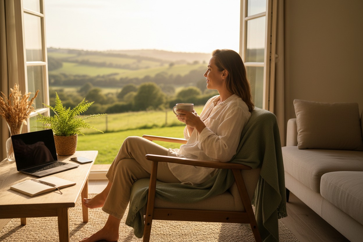 A woman holds a coffee mug while relaxing in an armchair by an open door with a view of green hills.